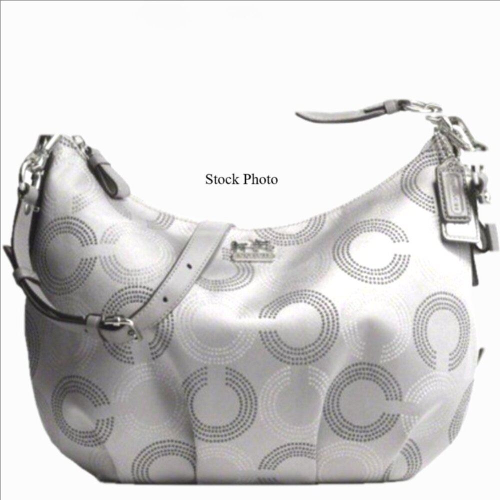 Coach Madison Two Tone Silver Sateen Dotted Opti-Art Hobo Convertible Shoulder - Picture 12 of 12